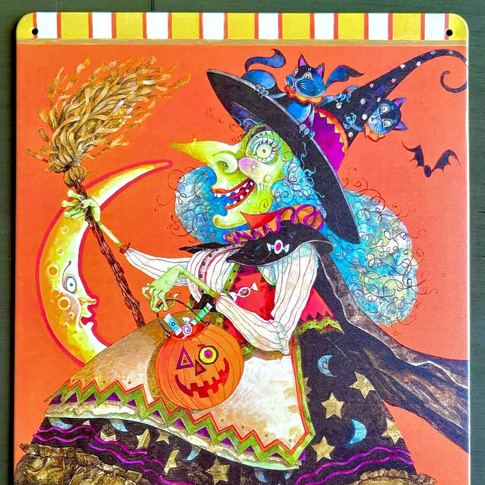 Halloween Whimsical Zany Witch 12x8 Tin Sign Wall Plaque Decor New